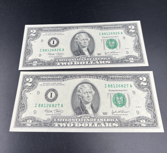 2 Consecutive 2003 $2 FRN Federal Reserve Notes Neat Serial Numbers #881
