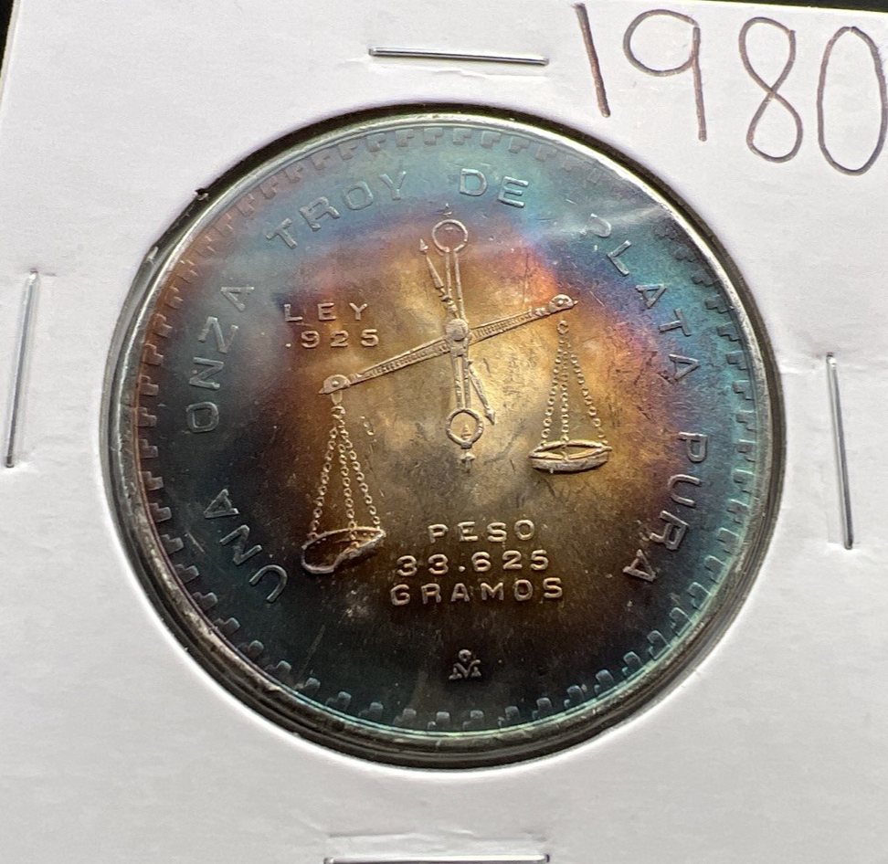 1980 Mexico Onza 1 Oz Silver Coin Monster Toning Toner PQ Blue Gem BU