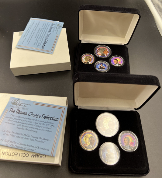 Lot of 2 sets - 8 Barack Obama Colorized US UNC Coins in Boxes SK#b