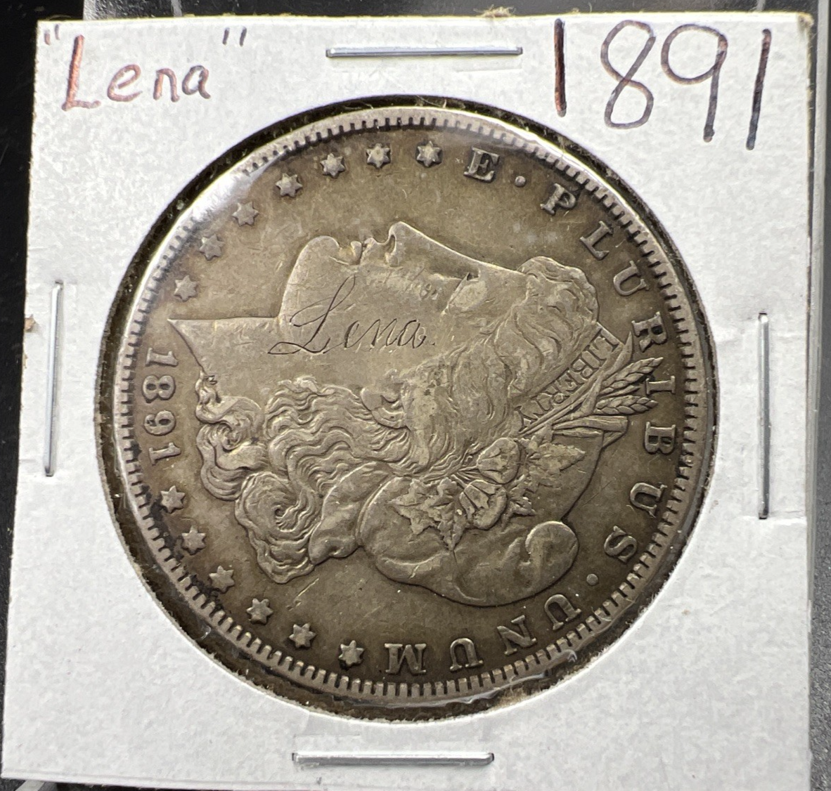 1891 P $1 Morgan Silver Dollar Coin VF Details "Lena" Carved