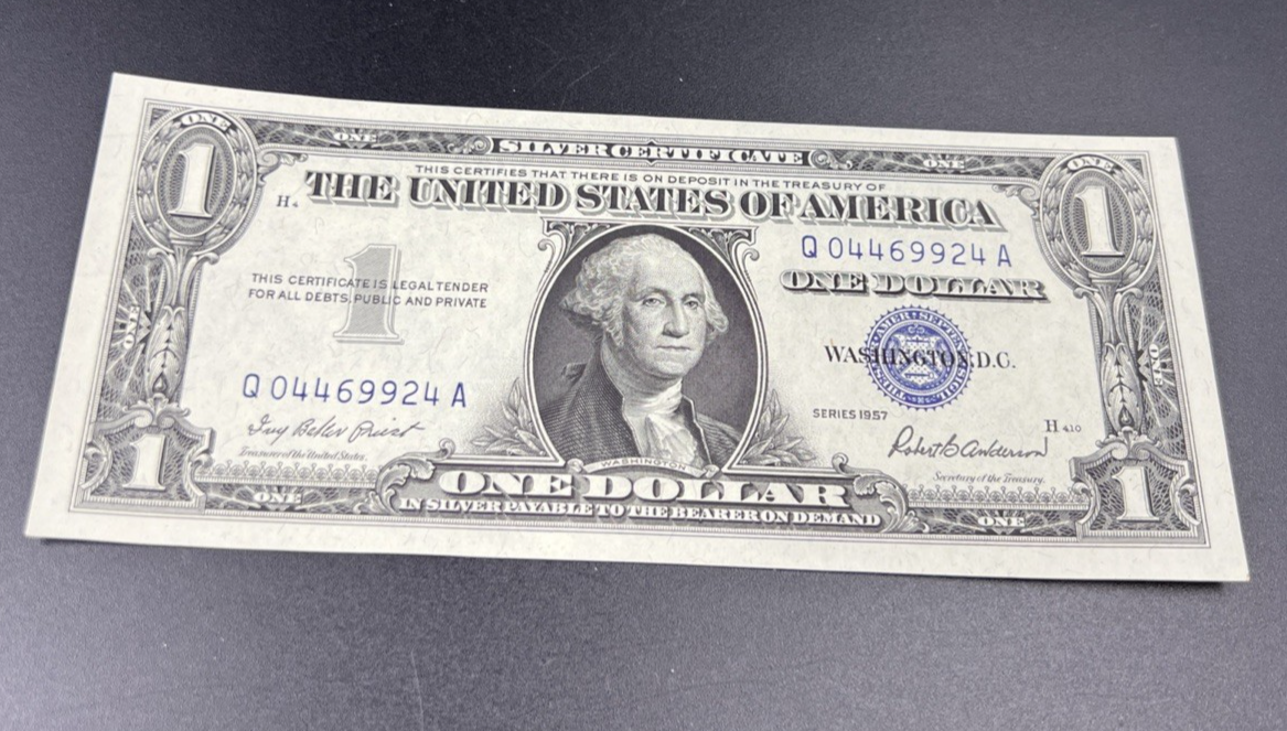 1957 $1 One Dollar Blue Seal Silver Certificate UNC Uncirculated Fancy Serial #Q