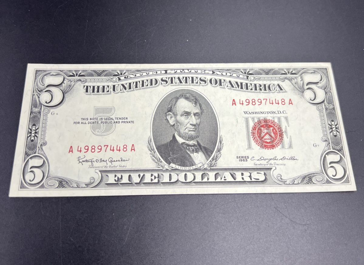 1963 $5 USN United States Five Dollar Note Red Seal XF EF Extra Fine Circ #48