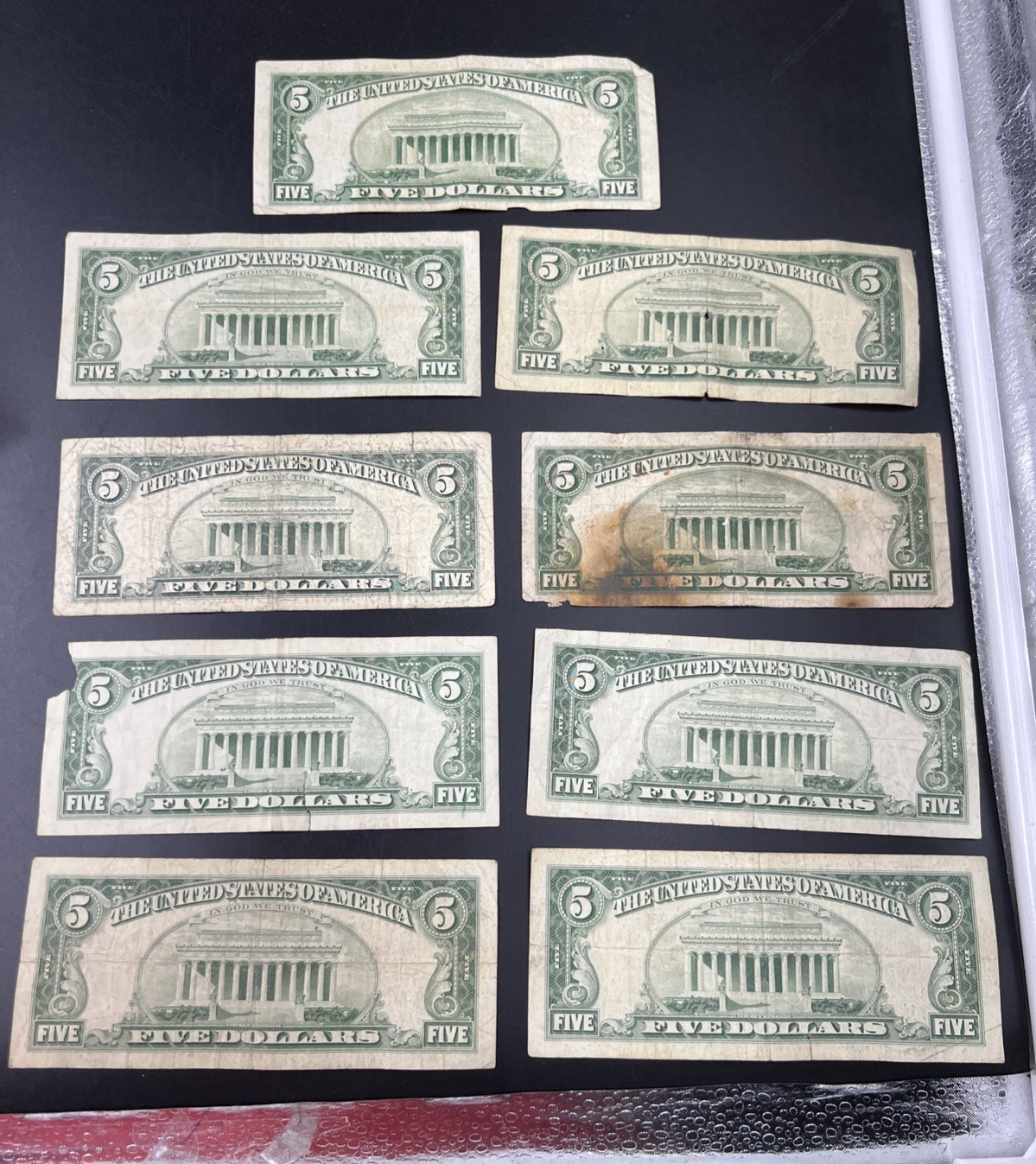 $5 Bill collector's Lot 9 US Bills - Very Circ 7 1963 USN 1 1995 FRN 1 1934 $5
