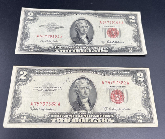 Lot of 2 1953 $2 USN United States Notes CH Fine / VF Circ #582