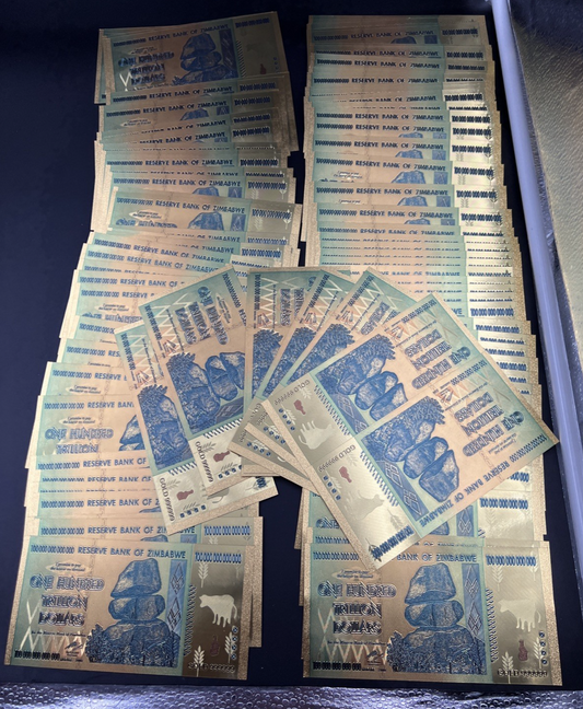 Lot Of 100 Zimbabwe 100 Trillion Dollars Gold Foil Novelty Notes