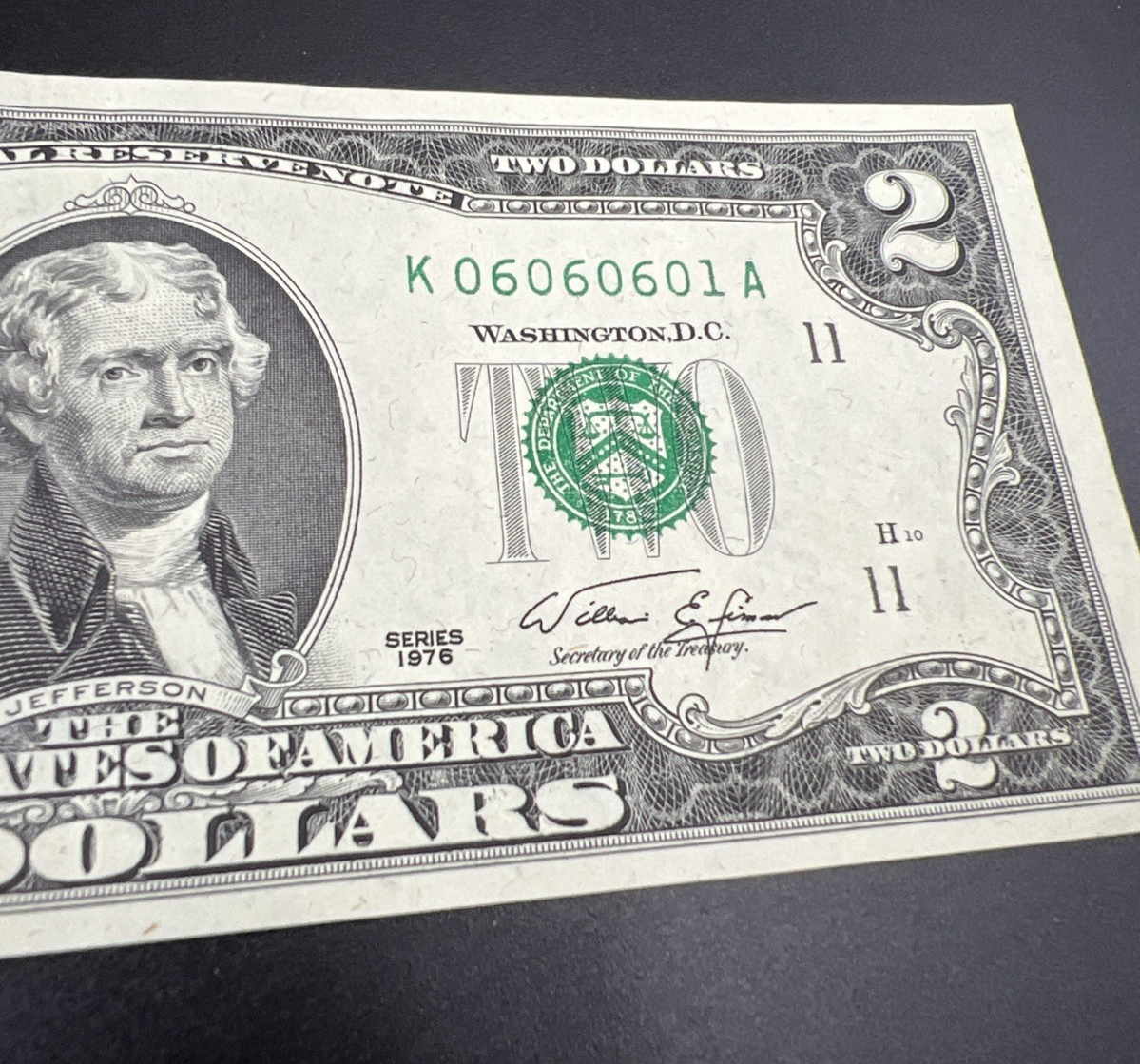 1976 $2 FRN Postal Federal Reserve Note UNC Repeat Serial #06060601