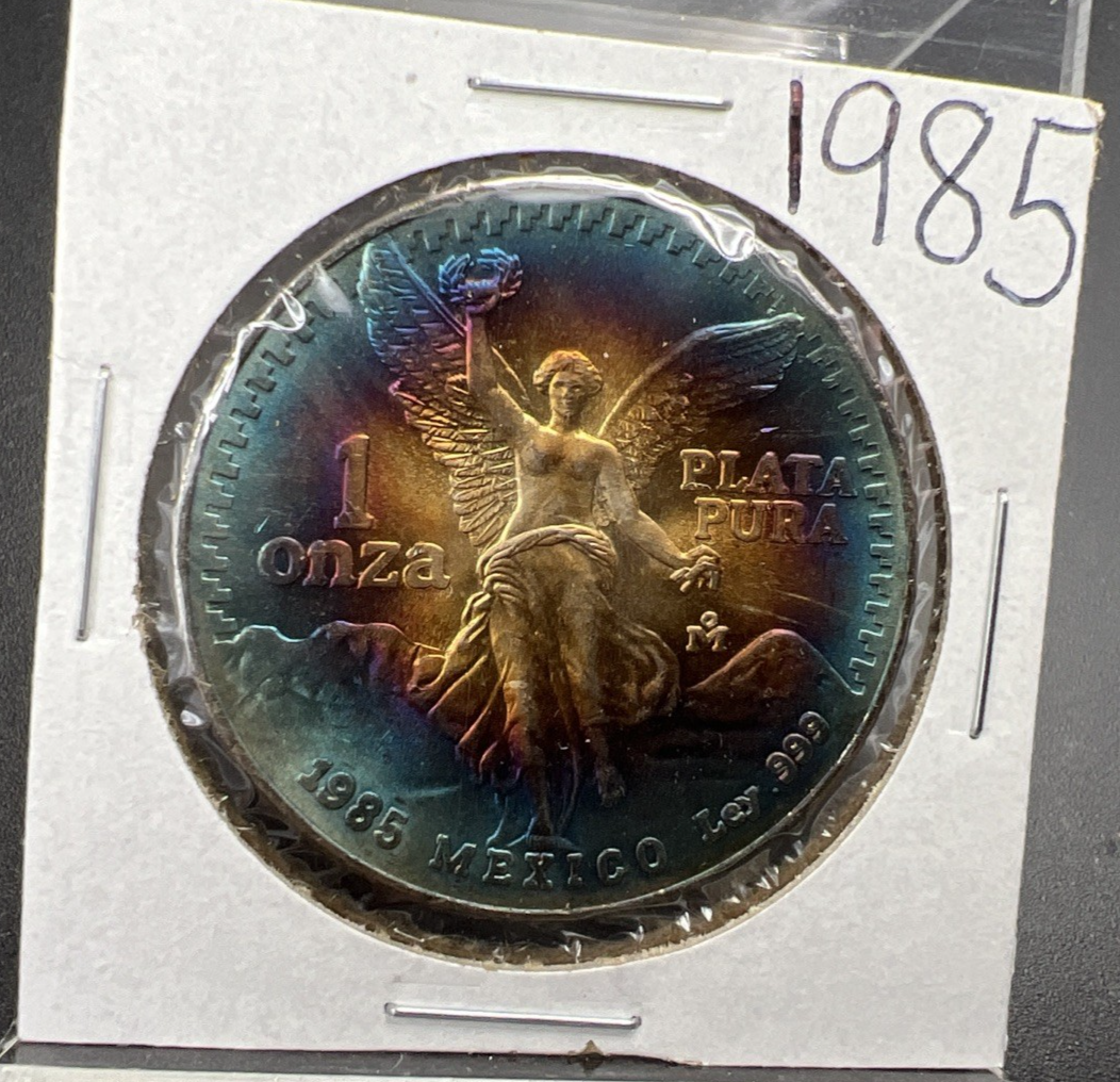 1985 Mexico Libertad 1 Oz Silver Coin Monster Toning Toner PQ Blue Rainbo Gem BU