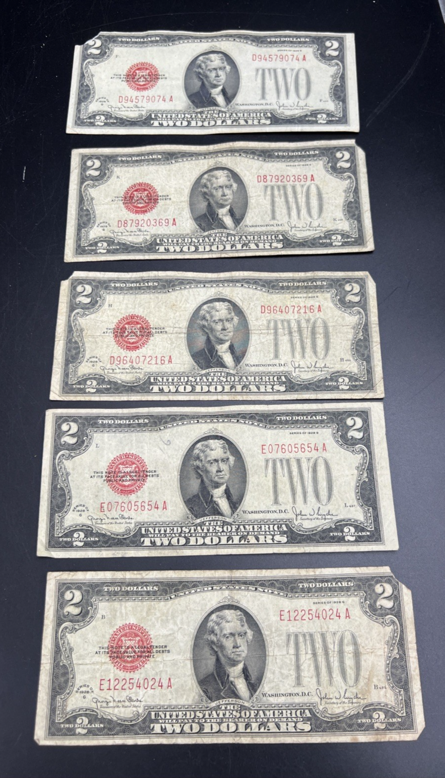 Lot of 5 1928 G $2 USN United States Note Red Seal Bills G / VG Circ #024