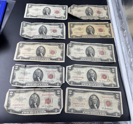 Lot of 10 1953 $2 USN Red Seal Legal Tender Bills Very Circulated #269