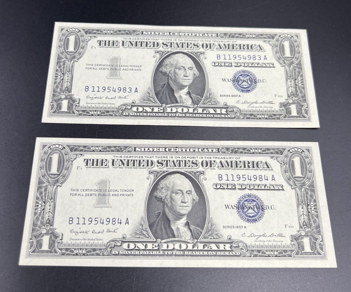 2 Consecutive 1957 A $1 One Dollar Blue Seal Silver Certificates CH AU / UNC #84