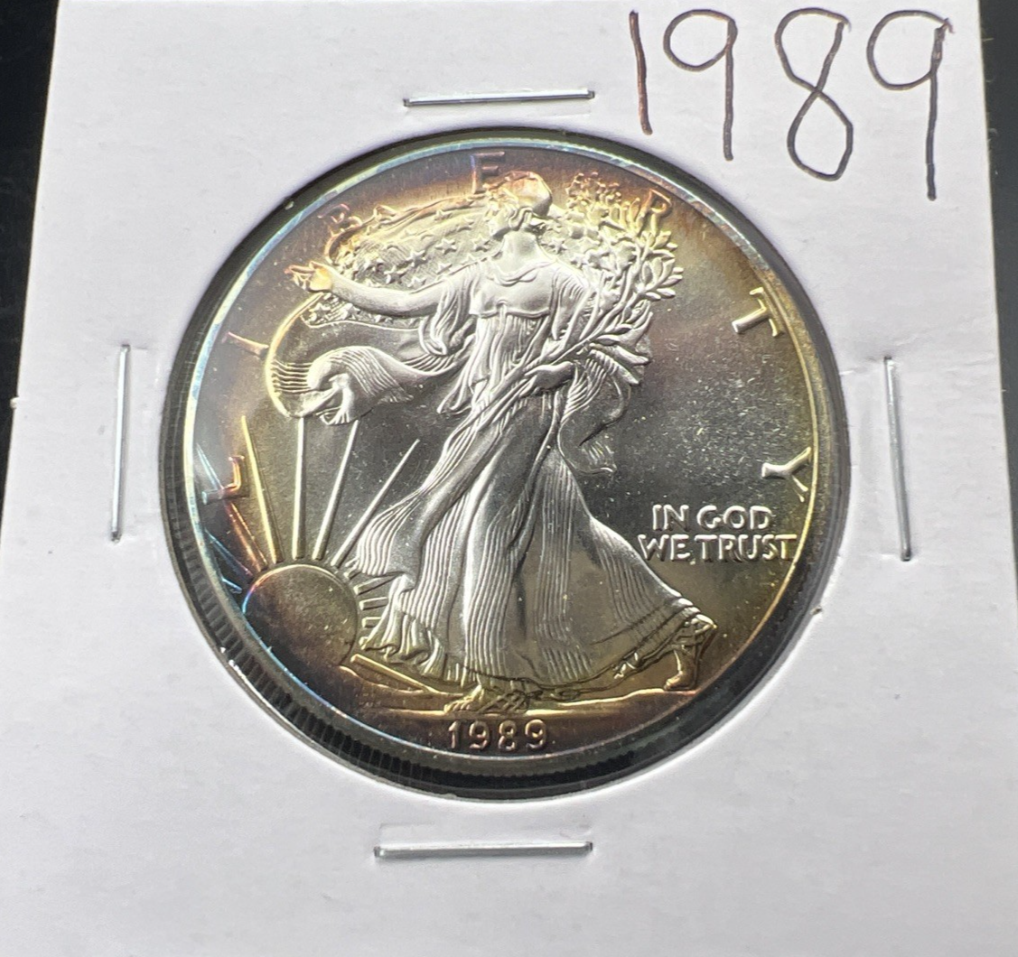 1989 1 Oz ASE American Silver Eagle Coin Gem BU Neat Toning Toner Obverse #26b