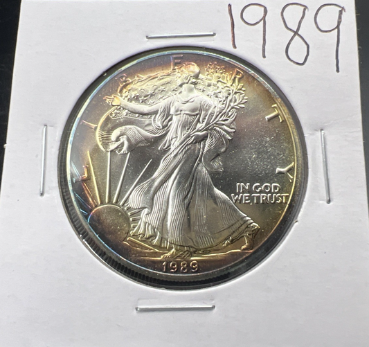 1989 1 Oz ASE American Silver Eagle Coin Gem BU Neat Toning Toner Obverse #26b