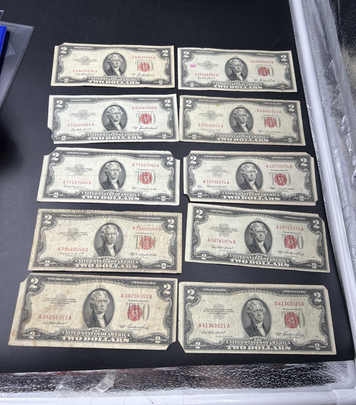 Lot of 10 1953 1963 $2 USN Red Seal Legal Tender Bills Very Circulated #353