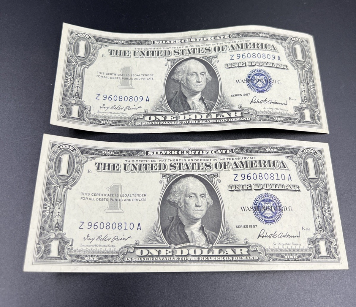 2 Consecutive 1957 $1 One Dollar Blue Seal Silver Certificates CH VF #10