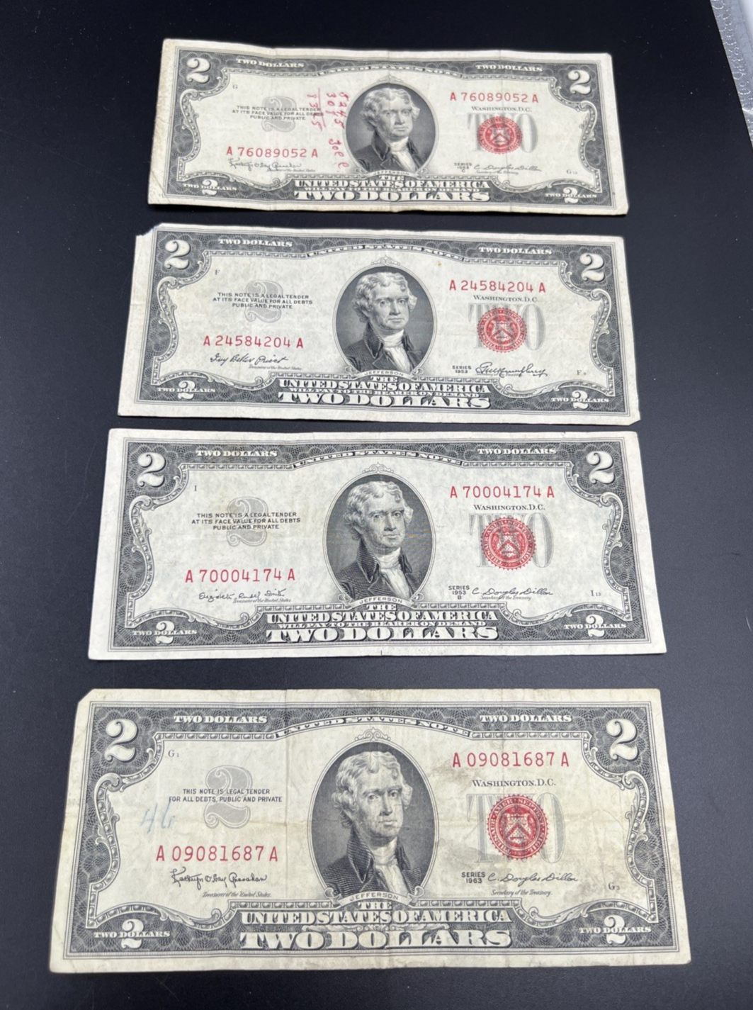 Lot of 4 1963 1953 $2 USN Red Seal Notes Average Circ Red Seal Bills #687