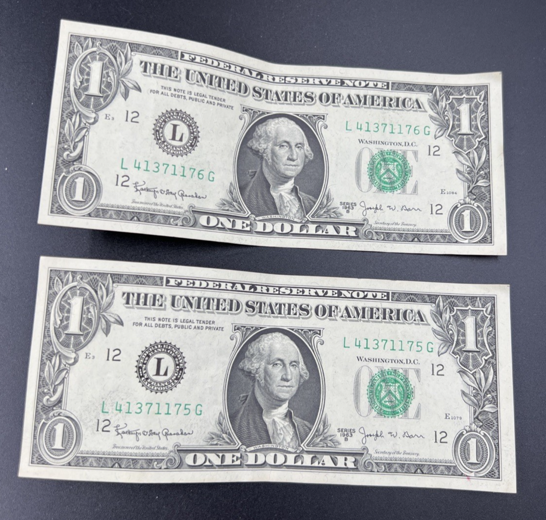 2 Consecutive 1963 B Barr FRN Federal Reserve Dollar Bill Notes VF / XF Circ #75