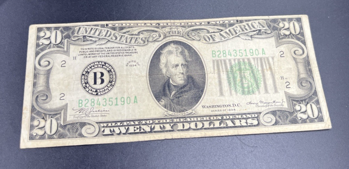 1934 $20 FRN Federal Reserve Note New York City District VG Very Good Circ