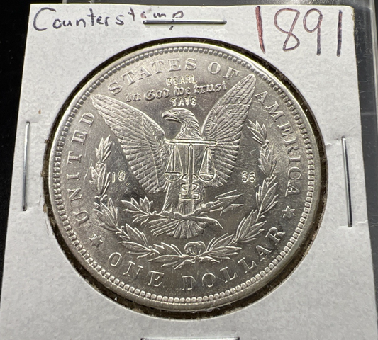 Bearl Tate Masonic Counterstamp on 1891 P $1 Morgan Silver Dollar AU Details