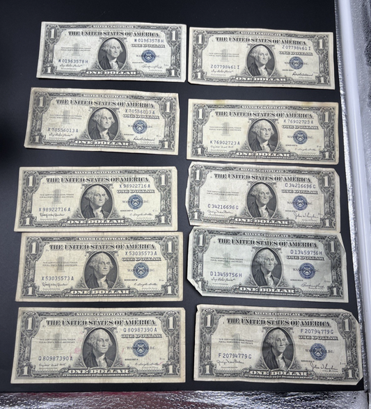 Lot of 10 VERY CIRC 1957 1935 $1 Dollar Silver Certificate Blue Seal Notes #390