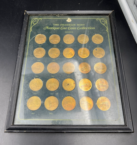 Franklin Mint Antique Car Collection 25 Medal Set in Display Frame Used