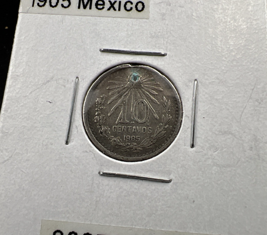 1905 Mexico 10 Centavos Silver Coin VF Details Holed