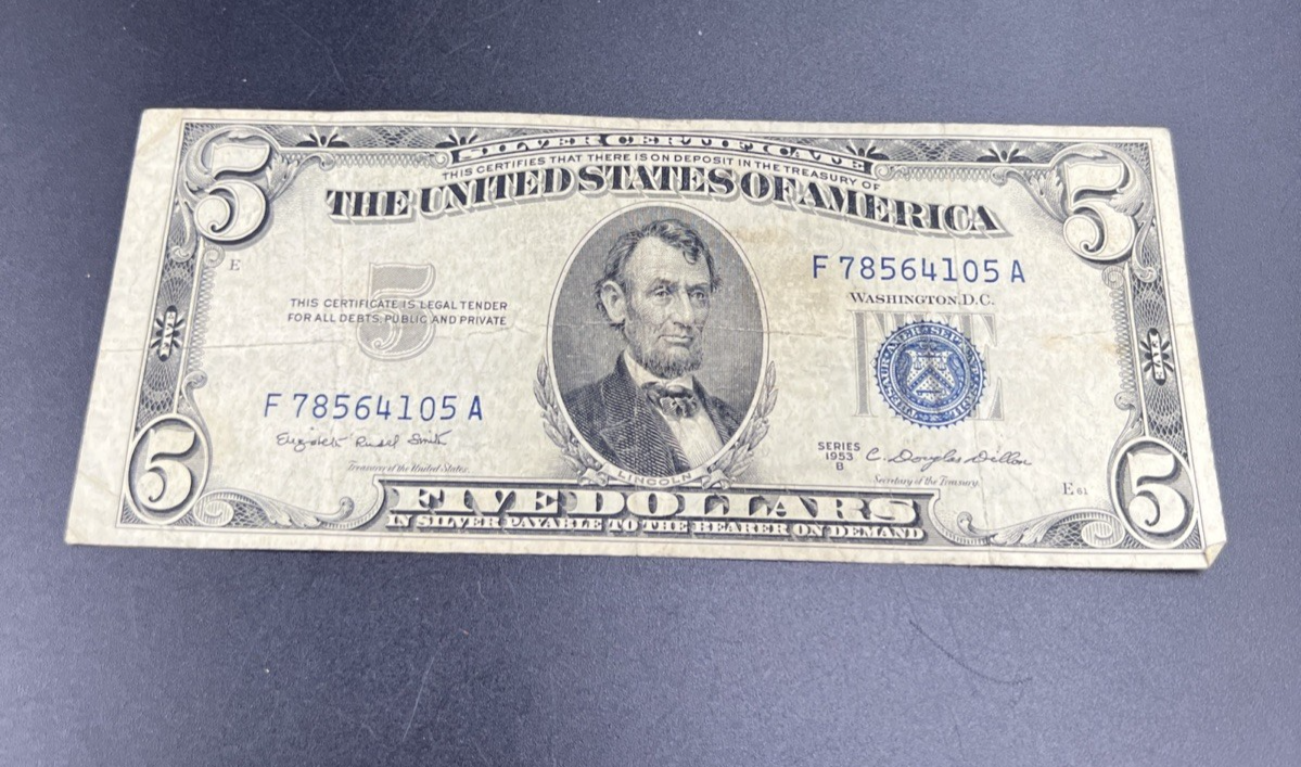 1953 B $5 Five Dollar US Silver Certificate Good / VG #105