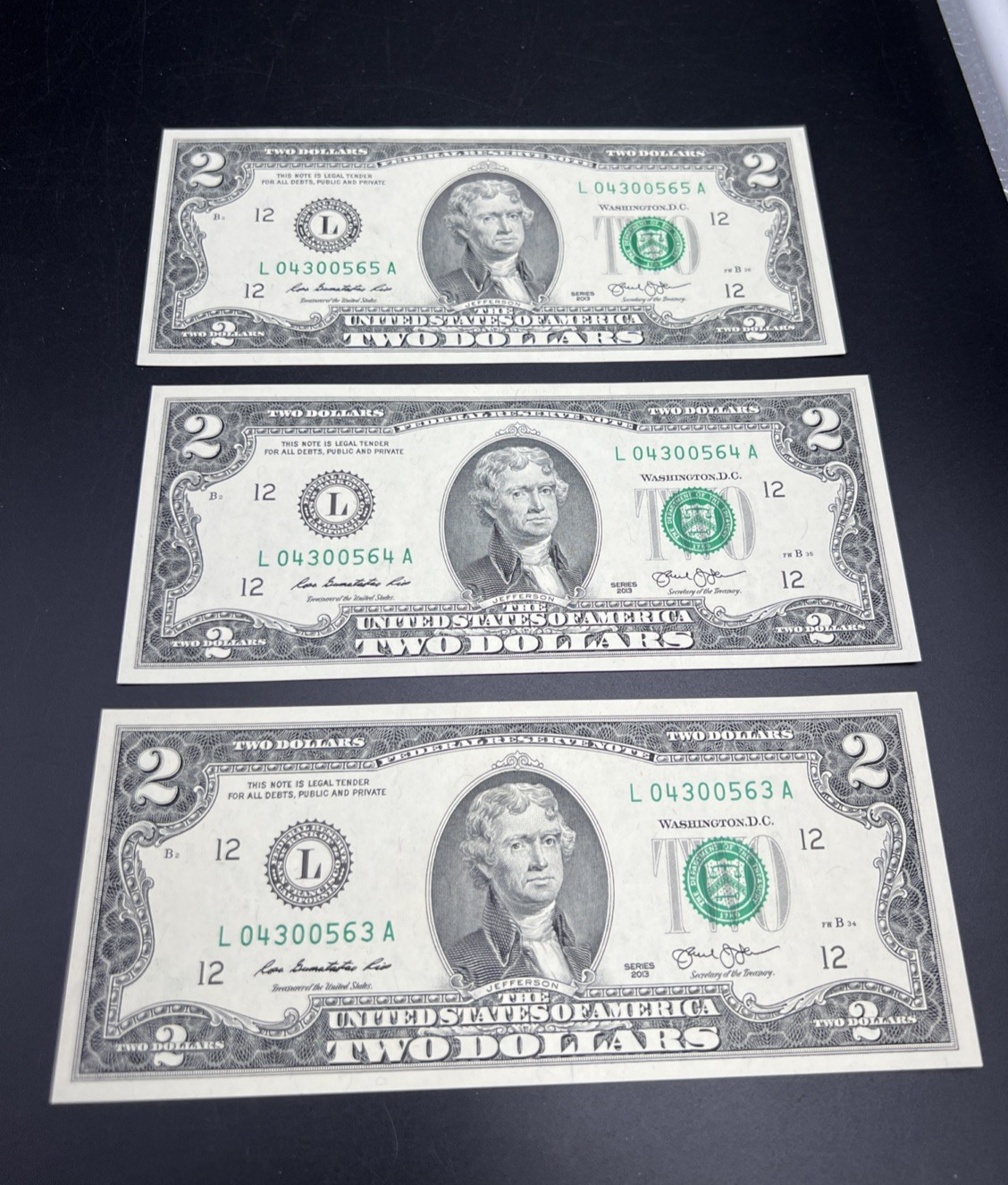 3 Consecutive 2013 $2 FRN Federal Reserve Notes CH UNC #563 Neat Serial #s