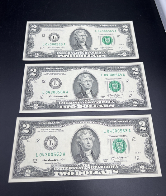 3 Consecutive 2013 $2 FRN Federal Reserve Notes CH UNC #563 Neat Serial #s