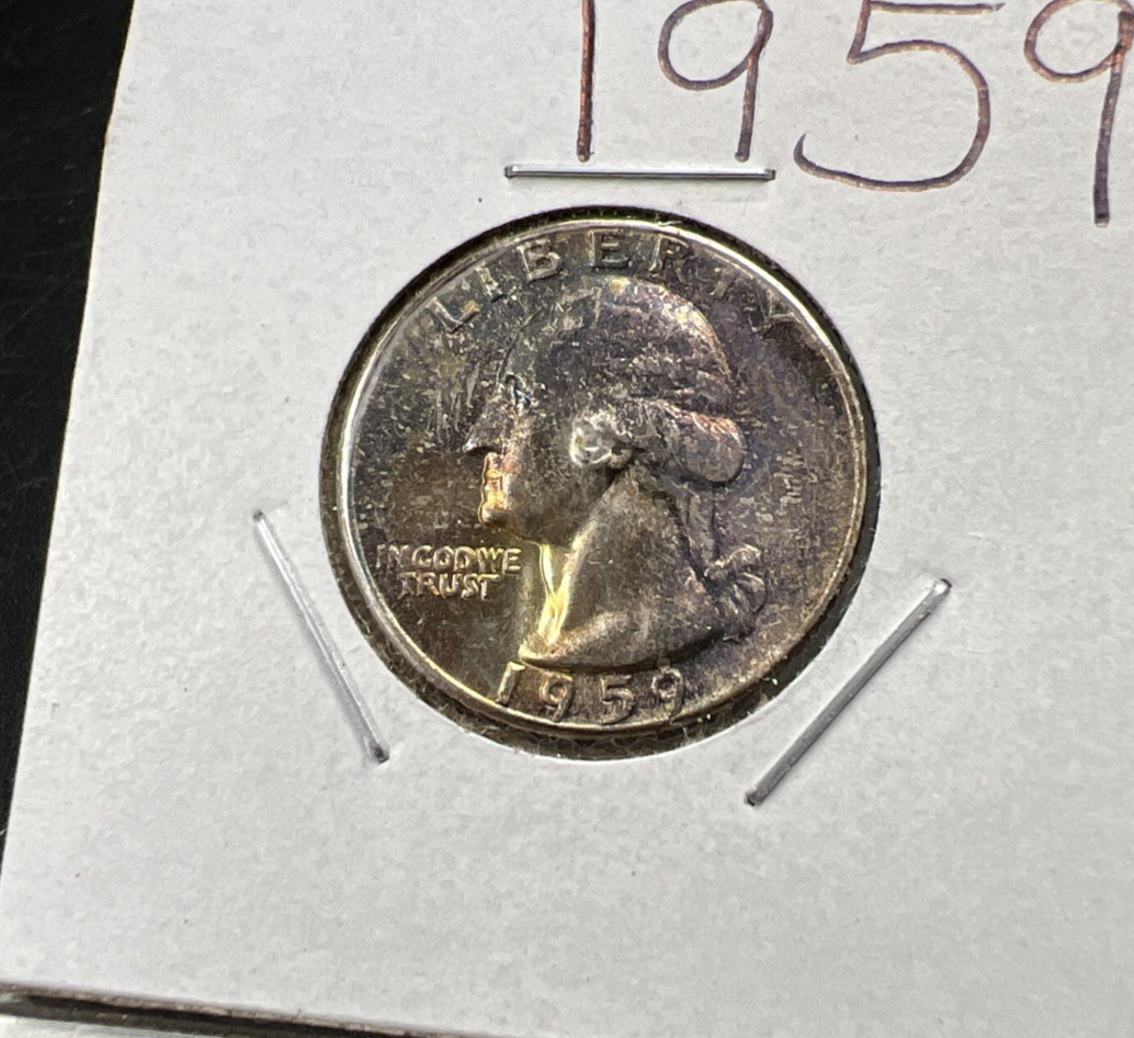 1959 25c Washington 90% Silver Coin CH BU UNC PQ Toning Toner Obverse