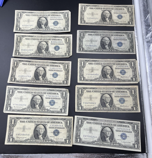 Lot of 10 1957 / 1935 $1 One Dollar Silver Certificate Blue Seal Notes VG #404