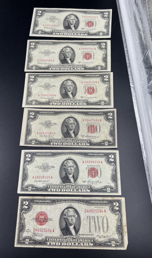$2 Bill Collector's 6 note Set 1928 D $2 - 1953 A B C & 1963 Fine Circ USN Notes