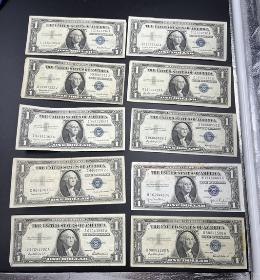 Lot of 10 1957 / 1935 $1 One Dollar Silver Certificate Blue Seal Notes VG + #892
