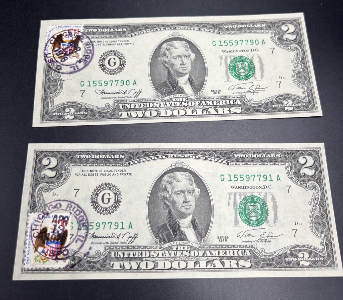 2 Consecutive 1976 $2 Bicentennial Postal Two Dollar Bill Chicago Ridge IL UNC A