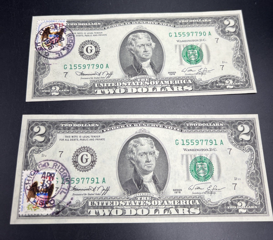 2 Consecutive 1976 $2 Bicentennial Postal Two Dollar Bill Chicago Ridge IL UNC A