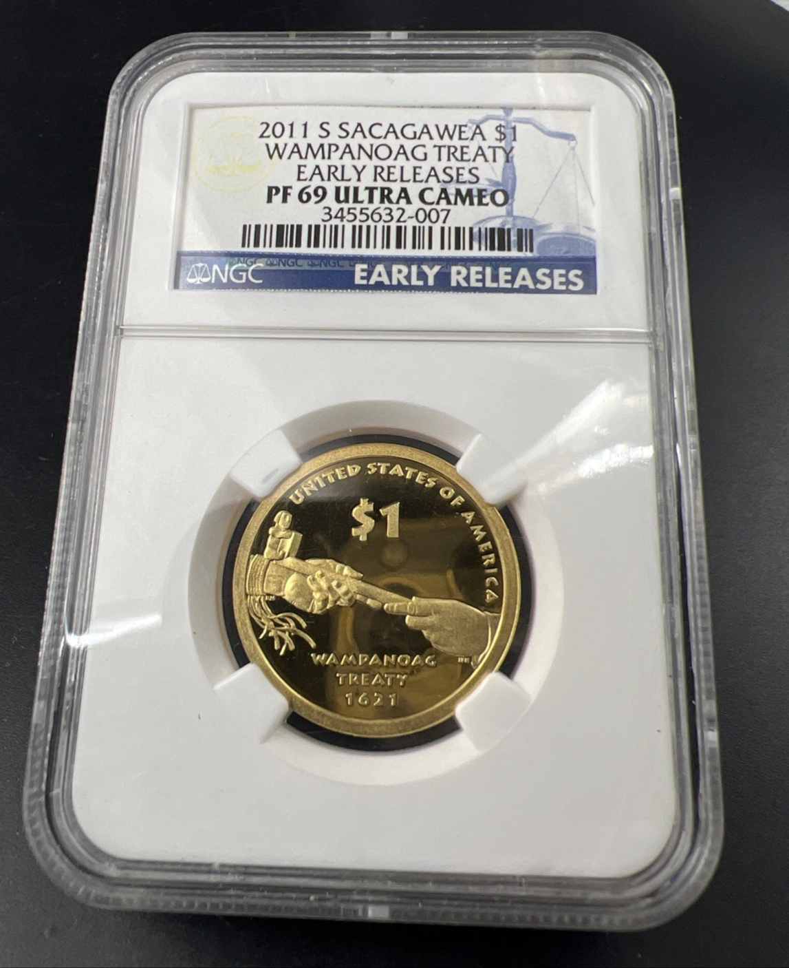 2011 S Sacagawea Wampanoag Treaty Native Brass Dollar Coin NGC PF69 UCAM #007
