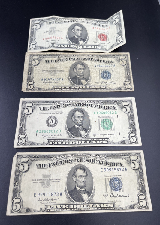 $5 Bill Collectors Lot 2x 1953 $5 Silver Certificate 1950 C FRN & 1963 USN Circ