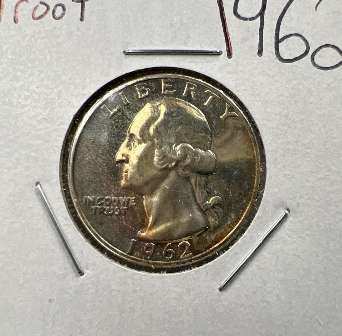 1962 25c Washington 90% Silver Choice Proof Quarter Coin Neat Toning Toner