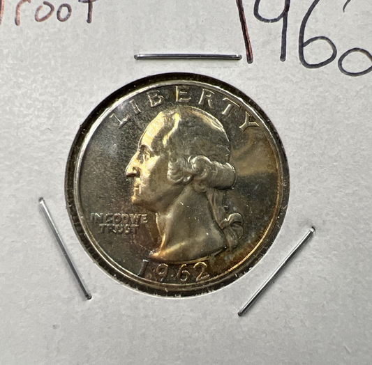 1962 25c Washington 90% Silver Choice Proof Quarter Coin Neat Toning Toner