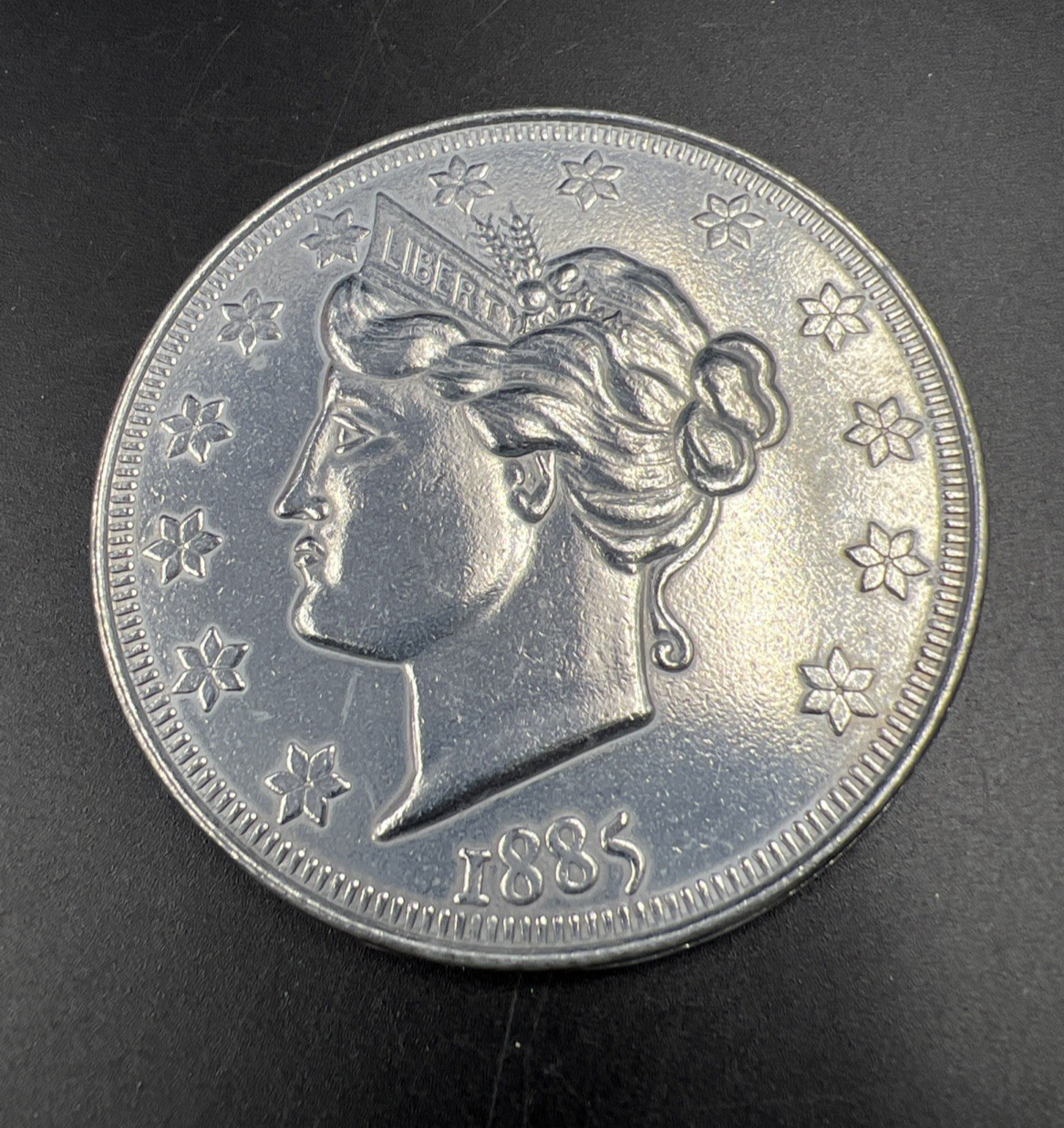 Large 3 Inch Novelty Pewter Coin/Coaster/Paperweight 1885 Liberty V Nickel