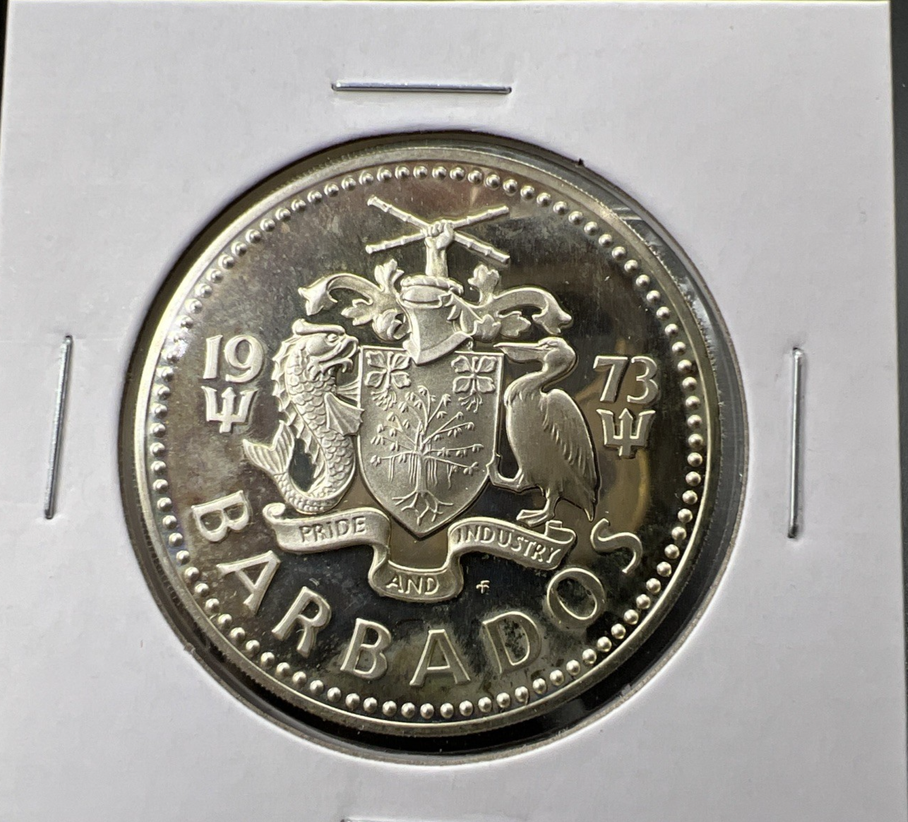 1973 Barbados Proof 5 Five Dollars Silver Coin - Shell Fountain in Bridgetown