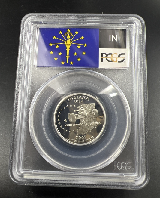 2002 S Proof Silver Indiana Statehood Quarter Coin PCGS PR69 DCAM #338