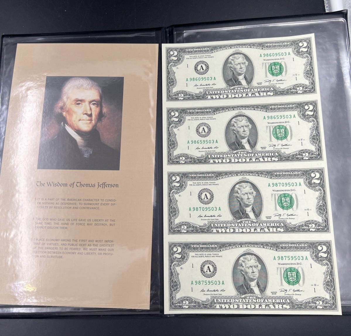 4 Note Souvenir Sheet 2009 US $2 Two Dollar FRN Federal Reserve Notes in Booklet