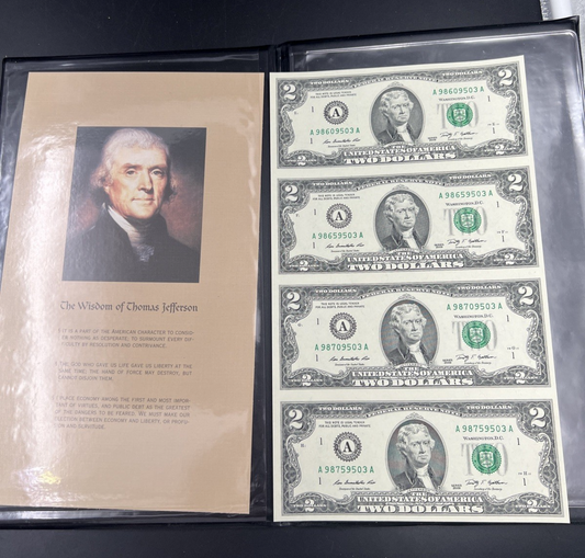 4 Note Souvenir Sheet 2009 US $2 Two Dollar FRN Federal Reserve Notes in Booklet