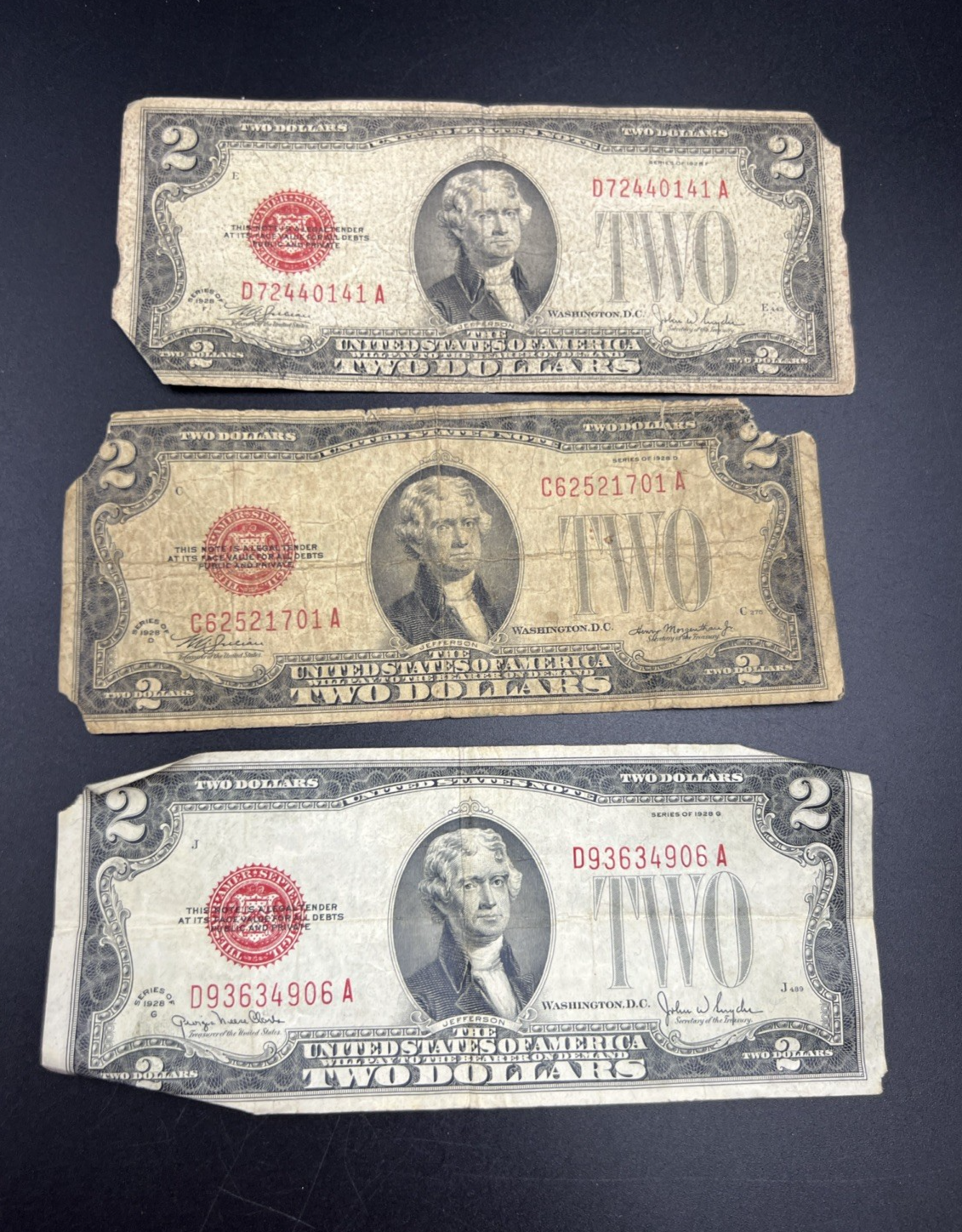 Lot of 3 1928 $2 Two Dollar USN United States Notes Red Seal Very Circ #906