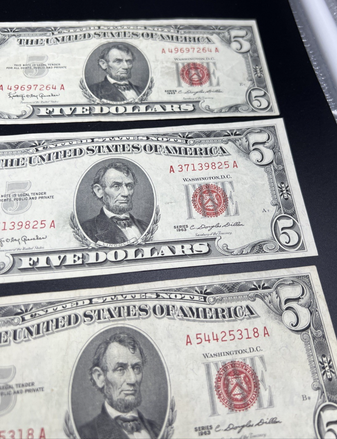 Lot of 5 1963 $5 USN United States Notes Five Dollar Bills Red Seal VF Very Fine