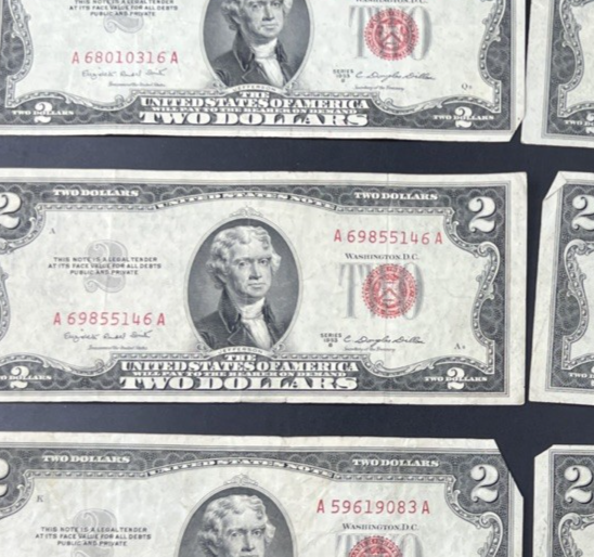 Lot of 10 1953 $2 USN Red Seal Legal Tender Bills VG Very Good + Circ #557