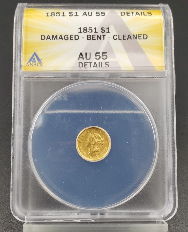 1851 G$1 Liberty Head Gold Dollar Coin ANACS AU Details Damaged Bent Cleaned