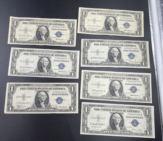 Lot of 7 1935 $1 One Dollar Silver Certificate Blue Seal Notes Fine / VF Circ #7