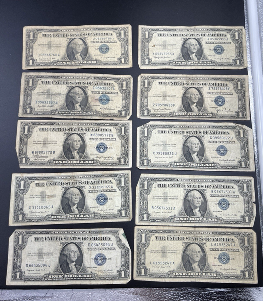 Lot of 10 VERY CIRC 1957 1935 $1 Dollar Silver Certificate Blue Seal Notes #94