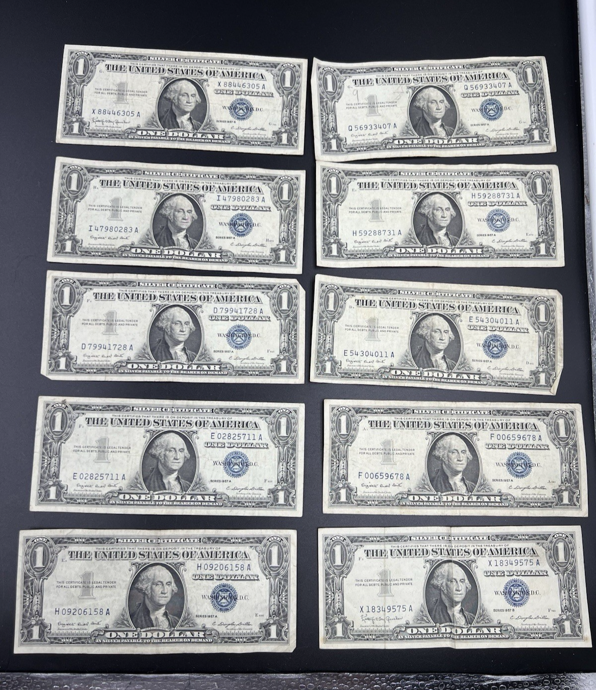 Lot of 10 1957 $1 Dollar Silver Certificate Blue Seal Notes Fine Circulated #58